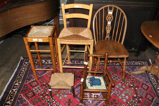 High chair, childs rocking chair, 2 stools, a pouffe and a Windsor chair